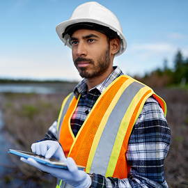 Water worker wearing a flannel shirt, hard hat and vest on a job site