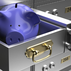 Safe deposit box with piggy bank in one of the drawers