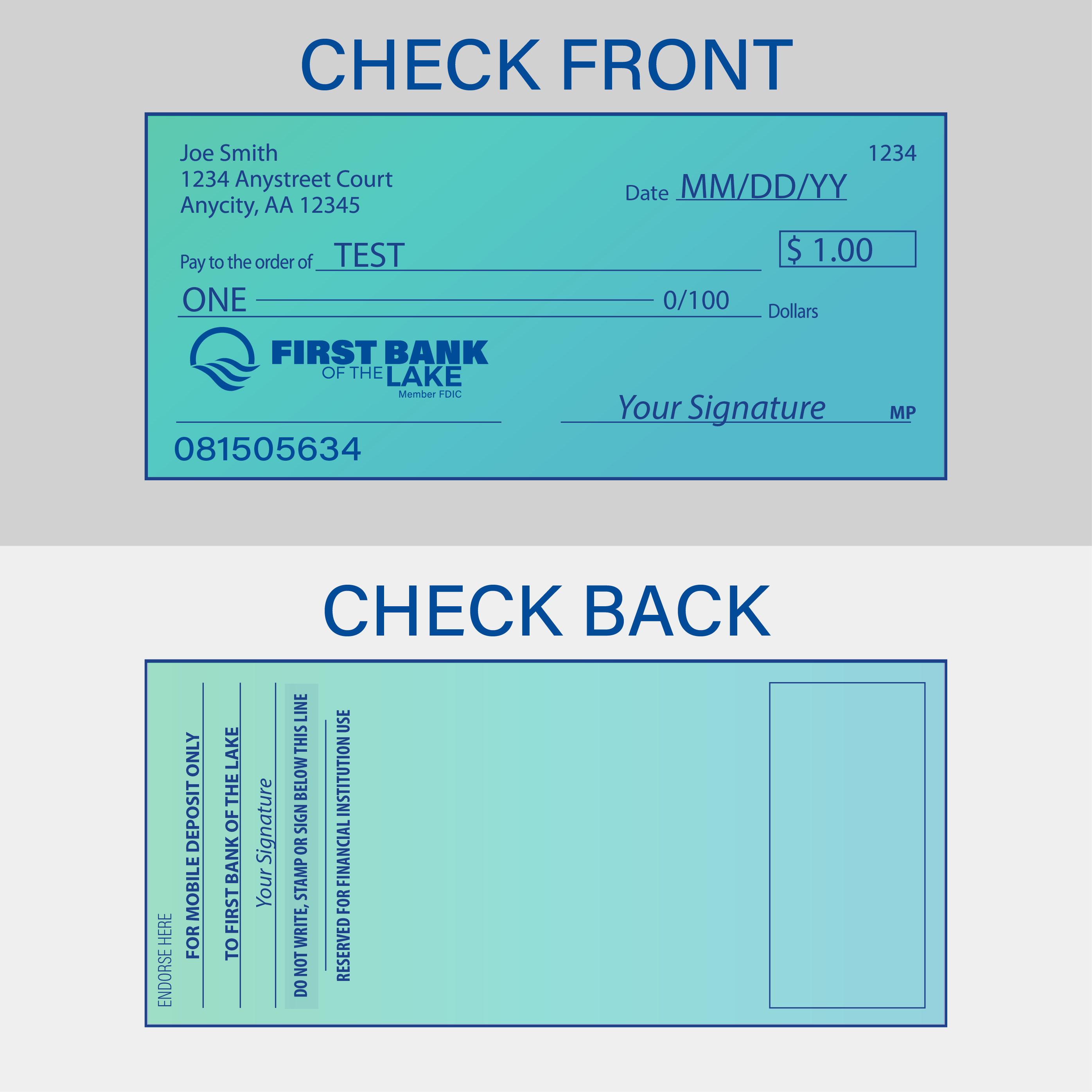 Mobile Deposit graphic of the front and back of a check.